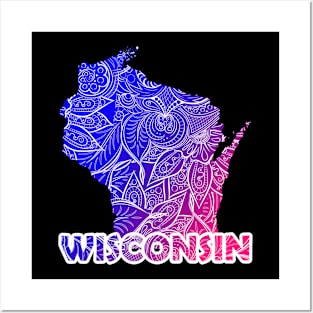 Colorful mandala art map of Wisconsin with text in blue and violet Posters and Art